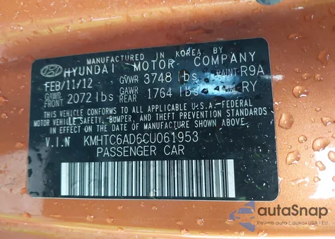 2012 Hyundai Veloster Base W/Black z USA, uszkodzony, nr VIN KMHTC6AD6CU061953